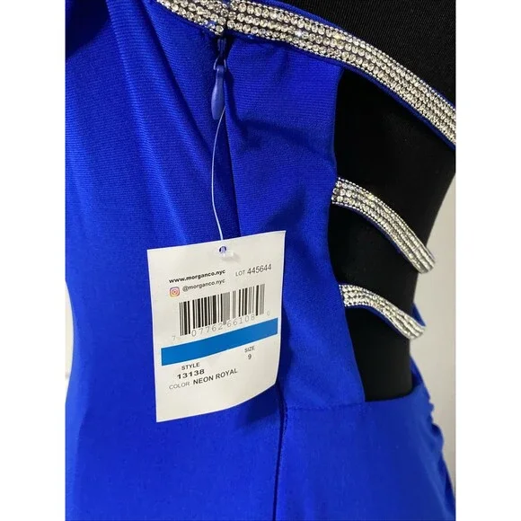 Morgan Co Y2k 90s Prom HOCO Gown Dress Blue Halter Strappy Cage Back Rhinestone - Picture 8 of 10
